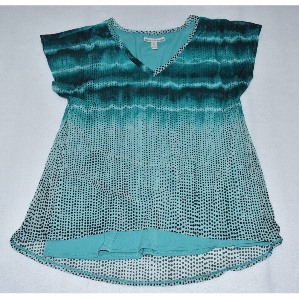 A women's short-sleeve V-neck top with a teal and black tie-dye ombre pattern, featuring a dotted mesh texture on the lower half and a solid teal band at the hem.