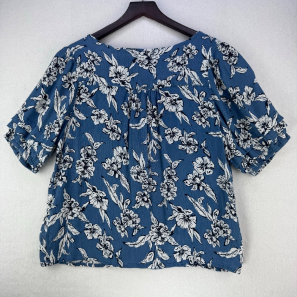 Blusa Peace & Pearls para mujer, talla grande, azul y negra, cuello en V, abotonada, manga corta