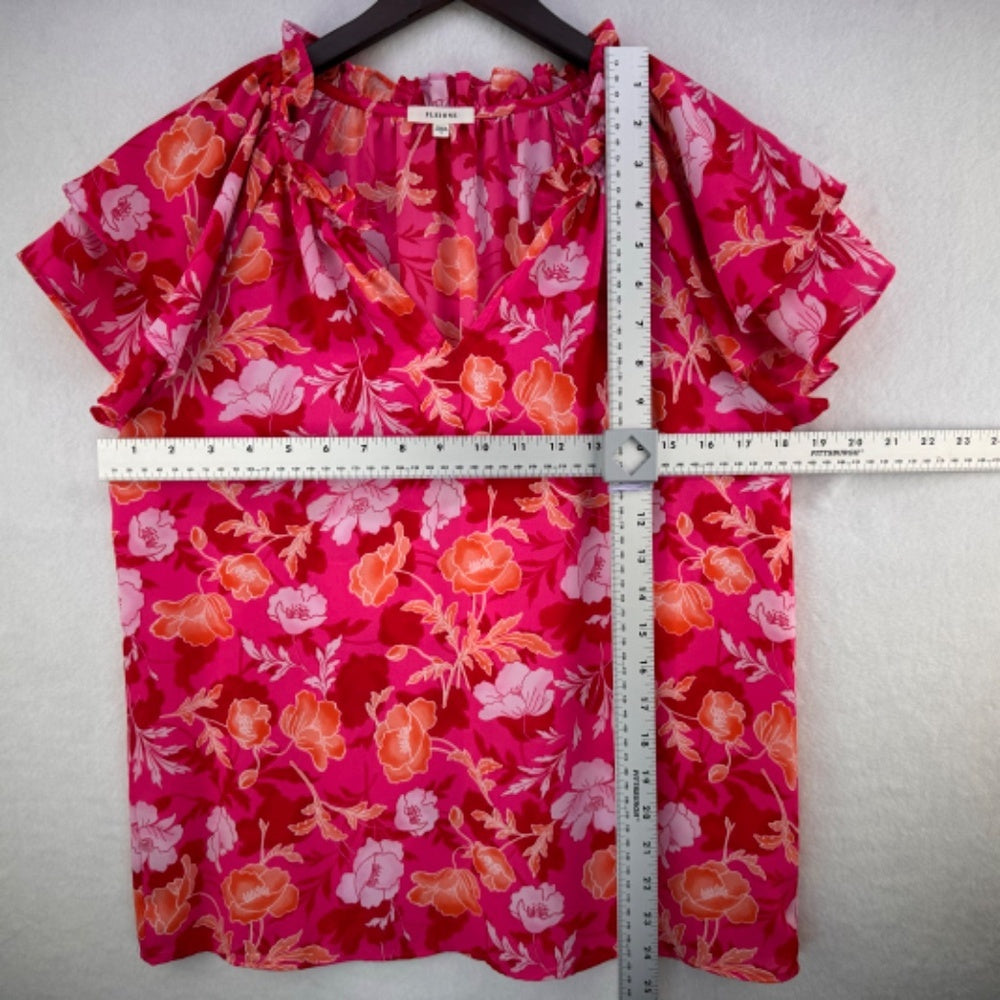 Pleione Top Sz S Pink with Floral Print Flutter Short Sleeve Ruffled Neckline