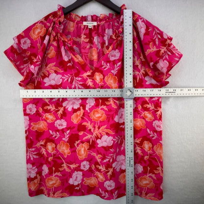 Pleione Top Sz S Pink with Floral Print Flutter Short Sleeve Ruffled Neckline