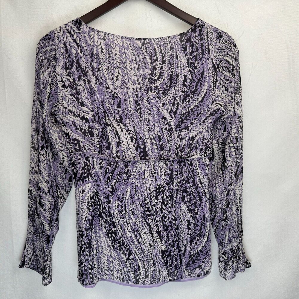 Ann Taylor Top Sz 0 Black and Lilac Print V-Neck Long Sleeve Side Zip 100% Silk