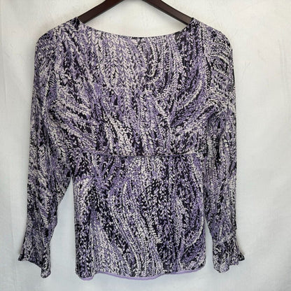 Ann Taylor Top Sz 0 Black and Lilac Print V-Neck Long Sleeve Side Zip 100% Silk
