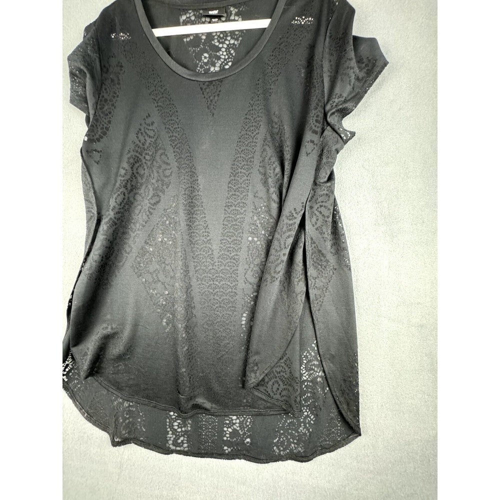 Mossimo Top Sz XXL Black Lace Sheer Stretch Split Sides Short Sleeves