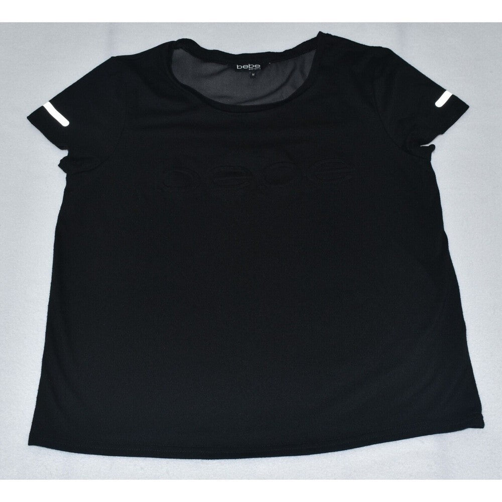 A black short-sleeve athletic top with a tonal embossed logo on the chest and white stripe accents on the sleeves, laid flat on a light gray background.