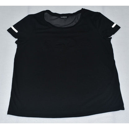 A black short-sleeve athletic top with a tonal embossed logo on the chest and white stripe accents on the sleeves, laid flat on a light gray background.
