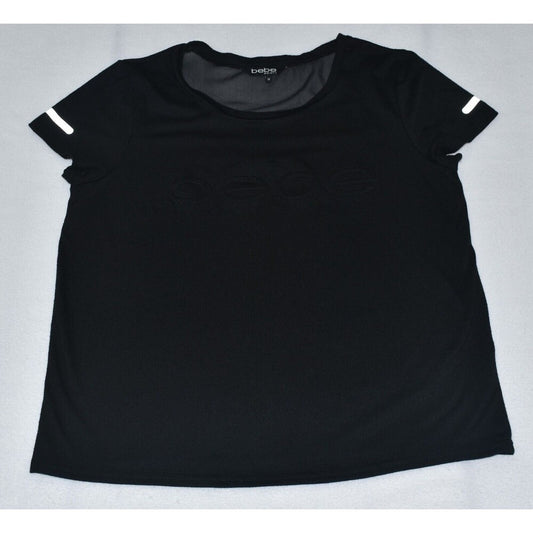 A black short-sleeve athletic top with a tonal embossed logo on the chest and white stripe accents on the sleeves, laid flat on a light gray background.