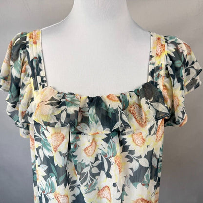 LC Lauren Conrad Women Sz S Sheer Square Ruffle Neck Pleated Sunflower Print
