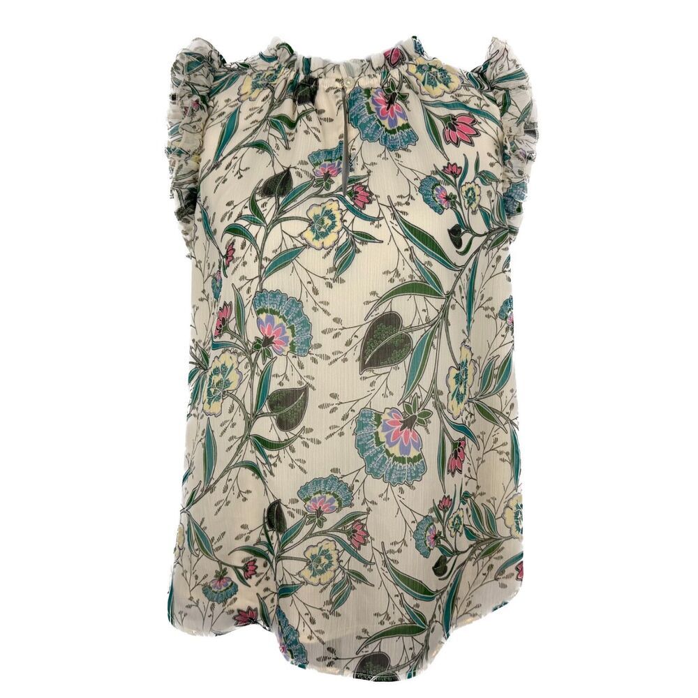 A sleeveless ruffled blouse with a dense floral and botanical print on a cream-colored base, featuring blue, pink, and green details.
