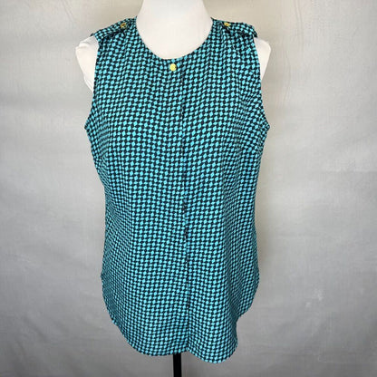 Michael Kors Blouse Sz 6 Black & Green Round Neck Hidden Buttons Sleeveless