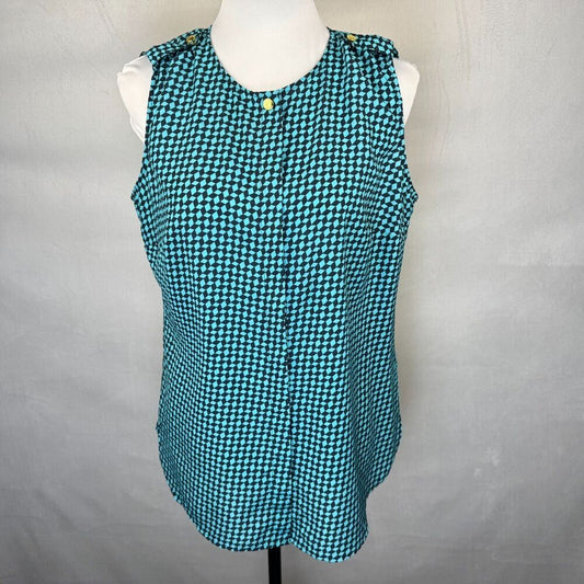 Michael Kors Blouse Sz 6 Black & Green Round Neck Hidden Buttons Sleeveless