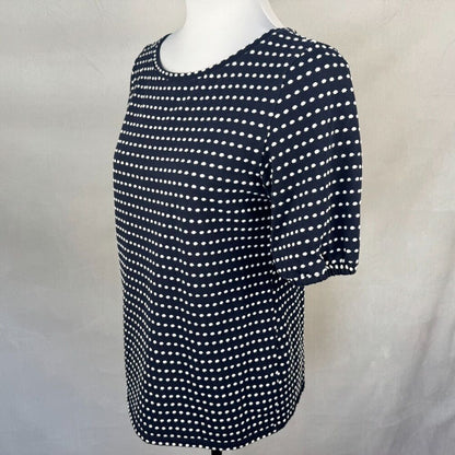 LOFT Knit Top Sz S Navy Embroidered White Polka Dot Ballon Sleeve Boat Neck
