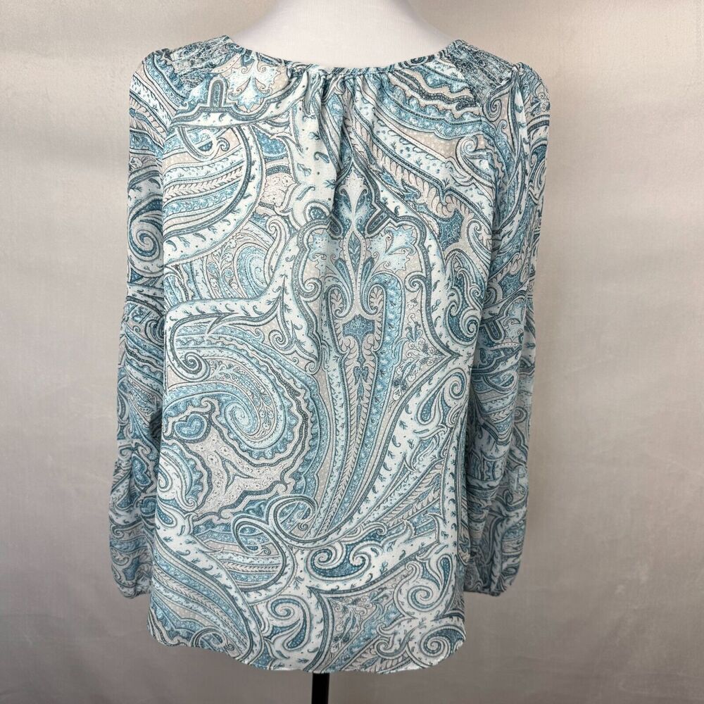 White House Black Market Blouse Sz S Blue Paisley Ruched shoulder Long Sleeve