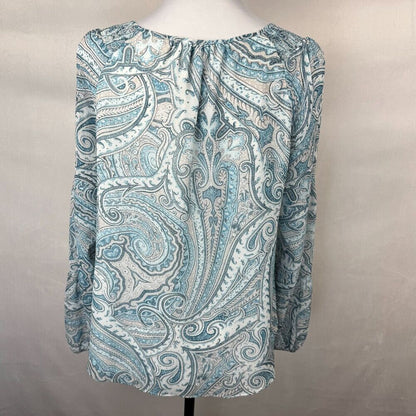 White House Black Market Blouse Sz S Blue Paisley Ruched shoulder Long Sleeve