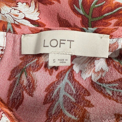 LOFT Blouse Sz S Pink Rayon Floral Print Round neckline Ruched Short Sleeve