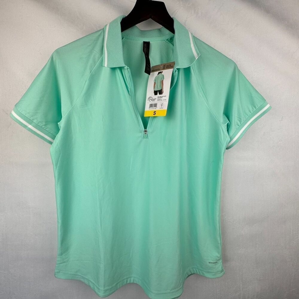 Mondetta women’s mint green short sleeve quarter-zip polo shirt with white trim, new with tags.