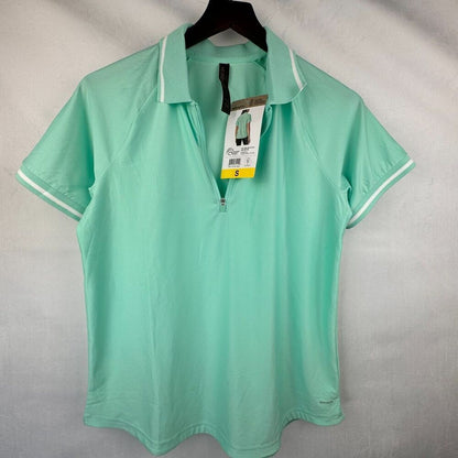 Mondetta women’s mint green short sleeve quarter-zip polo shirt with white trim, new with tags.