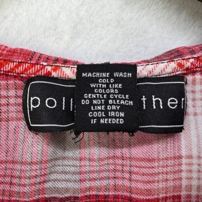 Polly & Esther Sz M Hoodie Button down plaid shirt front pocket rayon