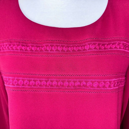Naked Zebra Blouse Sz M Round Neck Keyhole Back Embroidered 3/4 sheer sleeves