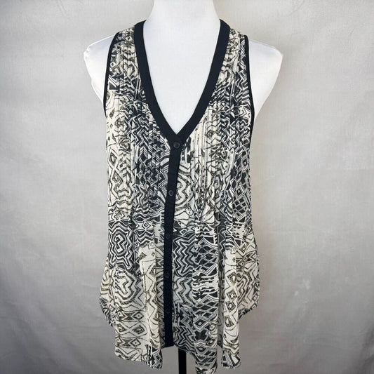 Forever 21 Sheer Tunic Sz M Geometric VNeck Button Down Black Trim Sleeveless