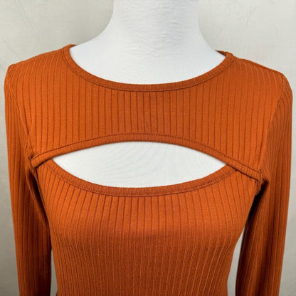 Kim & Cami Knit Top Sz S Rust Ribbed Cutout Chest Long Sleeve