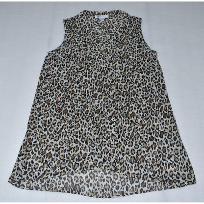 A sleeveless leopard print top with a ruffled neckline, laid flat on a light gray background.