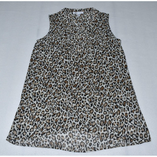 A sleeveless leopard print top with a ruffled neckline, laid flat on a light gray background.