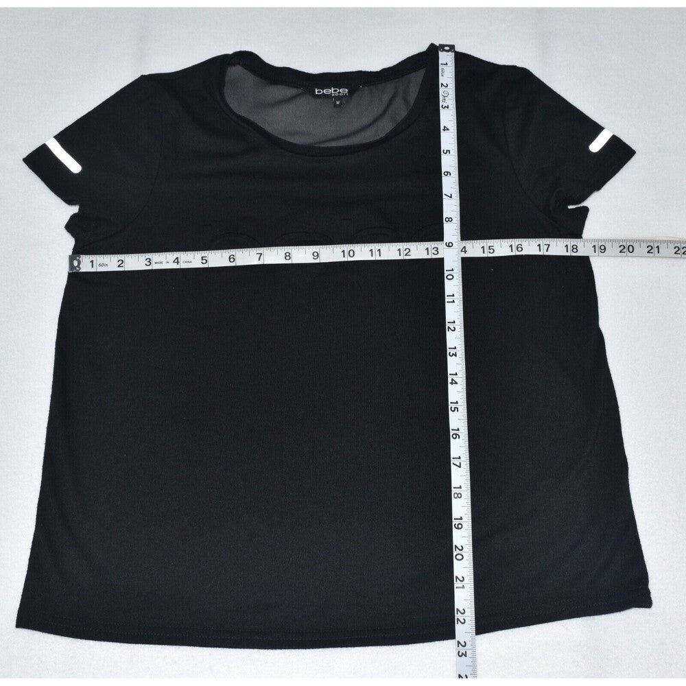Bebe Sport Top Black with Black Logo Short Sleeve Shirt Sheer Mesh - Size M