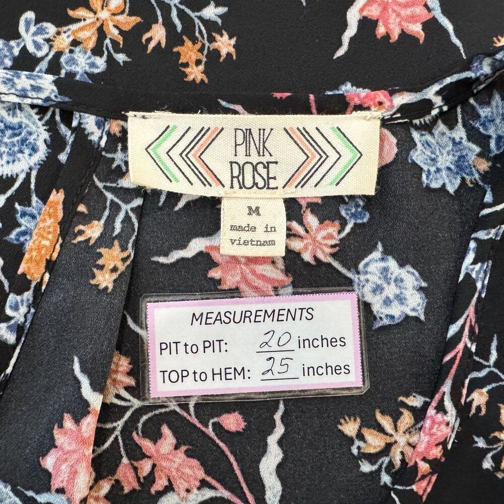Pink Rose Women Blouse Sz M Sheer Black Floral Print Cap Sleeve Lightweight