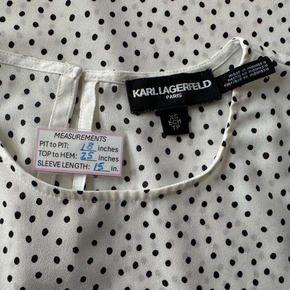 Karl Lagerfeld Top Sz XS White Black Polka Dot 3/4 Length Tiered Ruffle Sleeve