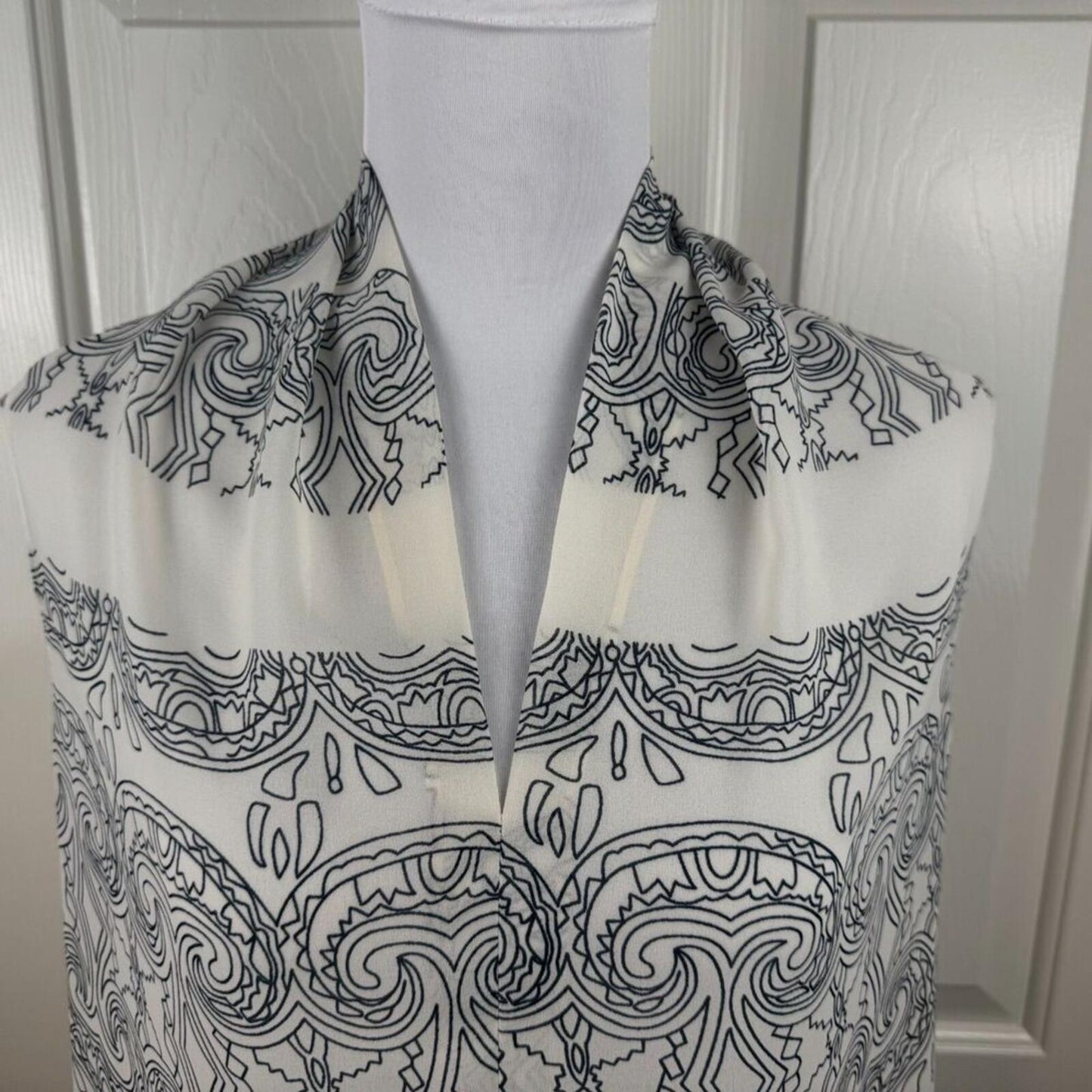 CAbi Scrollwork Tunic Blouse Women Sz S Ivory Semi Sheer Sleeveless VNeck