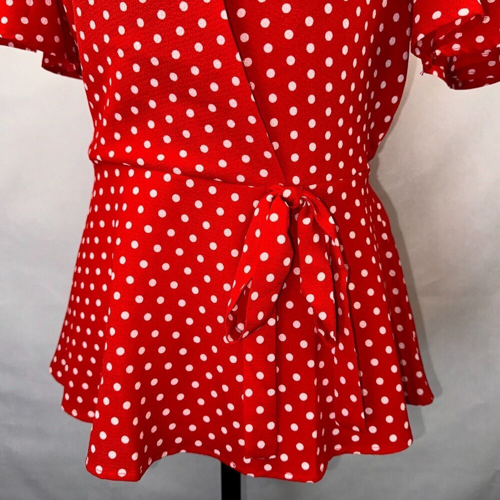 Monteau Top Sz M Fit and Flare Peplum Faux Wrap Red White Polka Dot