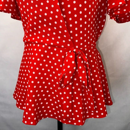 Monteau Top Sz M Fit and Flare Peplum Faux Wrap Red White Polka Dot