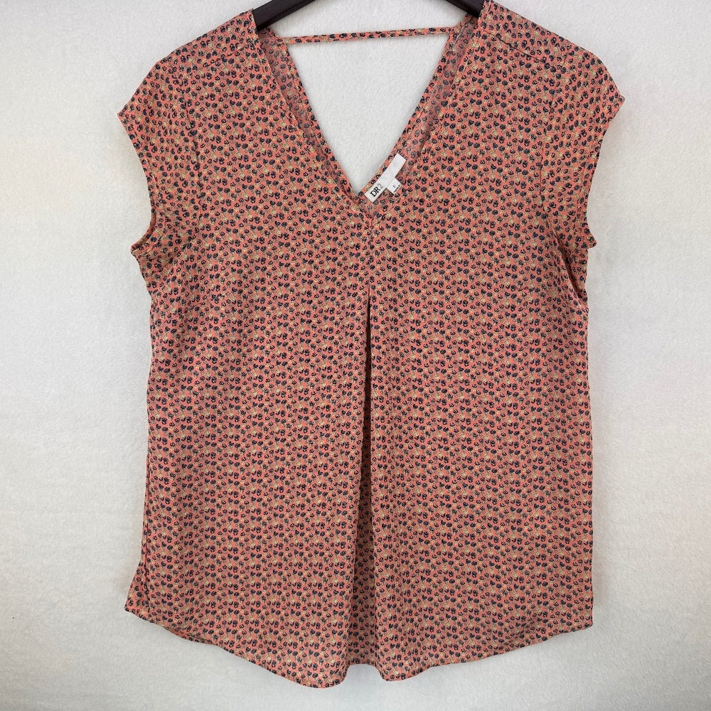 DR2 Blouse Ladies Sz S Pleated Front V-Neck Cap Sleeve Floral Multicolor
