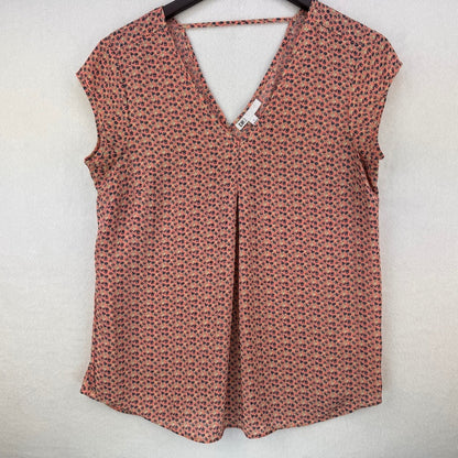 DR2 Blouse Ladies Sz S Pleated Front V-Neck Cap Sleeve Floral Multicolor