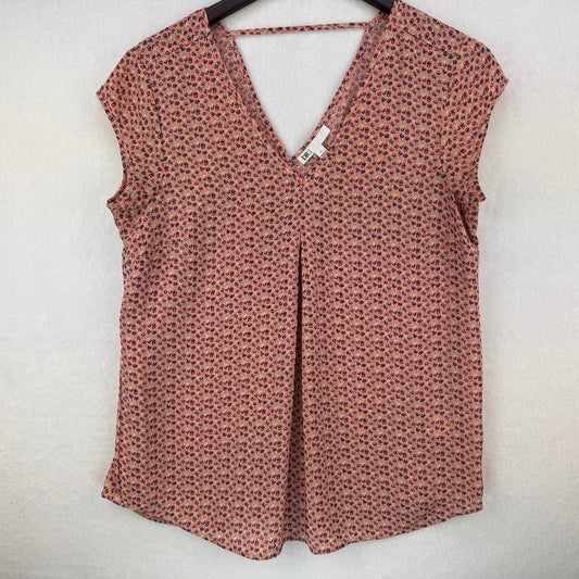 DR2 Blouse Ladies Sz S Pleated Front V-Neck Cap Sleeve Floral Multicolor