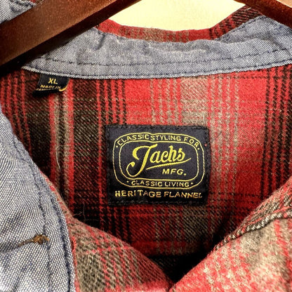 Jachs Shirt Men XL Heritage Flannel Plaid Red Black Gray Pockets Button Up
