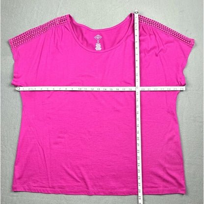 St Johns Bay  Womens Blouse Short Sleeve Shoulder Crochet Fucsia-Pink  Size 2X
