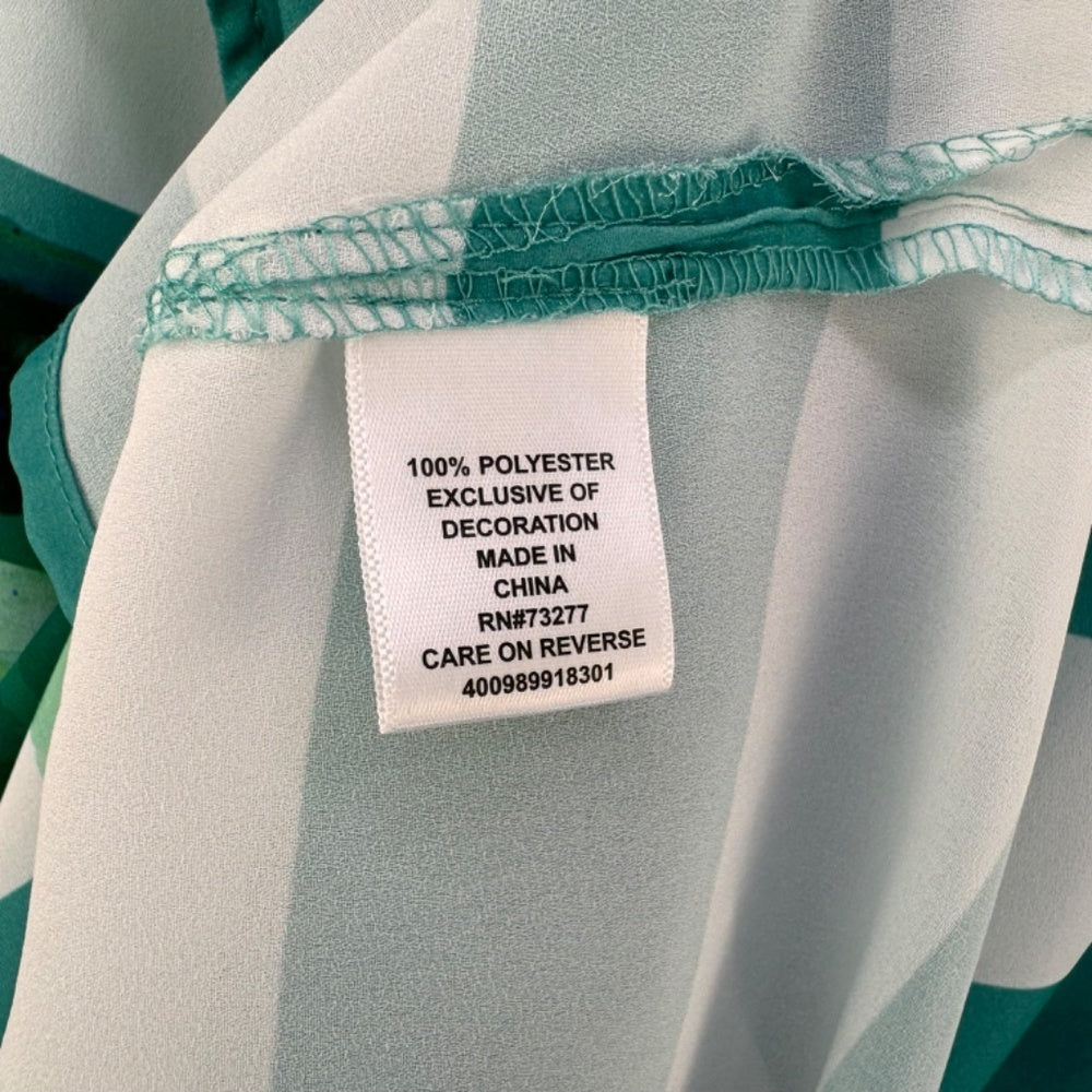 ELLE Tank Top Sz L Green White Stripes Front Floral Print Ladder Stitch neckline