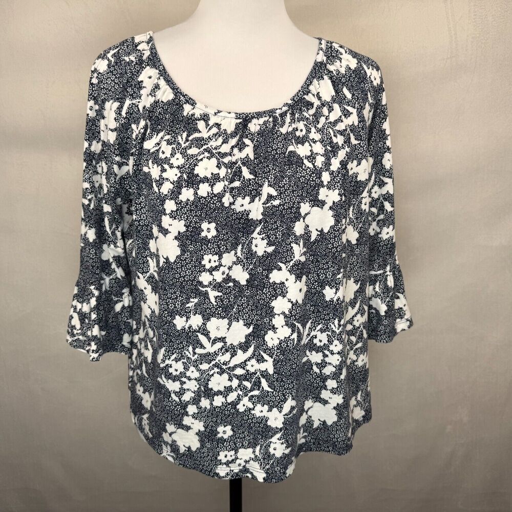Michael Kors White Floral Peasant Blouse Blue Sz M Round Neck 3/4 Peplum Sleeve