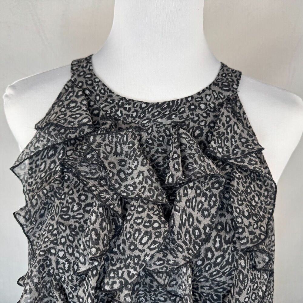 ECI  Top Sz 10 Gray Black Halter Ruffle Front Sleeveless Open Back Animal Print