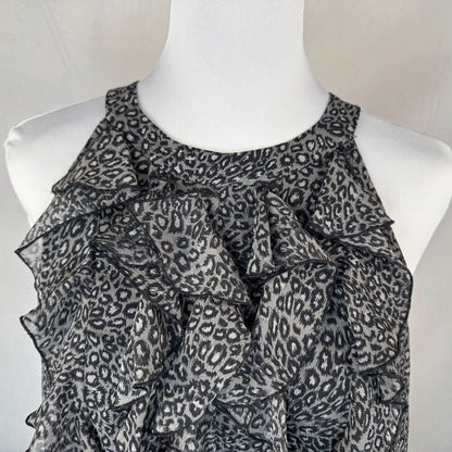 ECI  Top Sz 10 Gray Black Halter Ruffle Front Sleeveless Open Back Animal Print