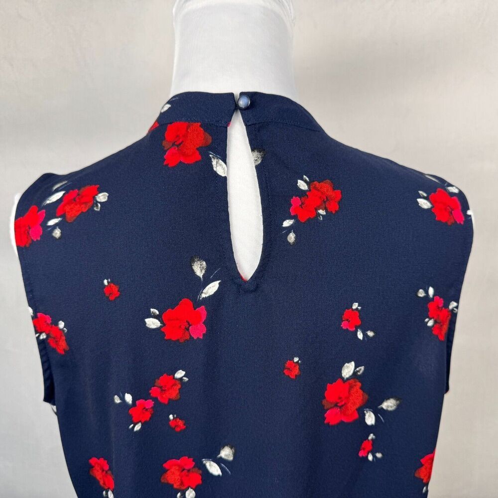 Elle Women Sz S Blouse Navy Floral Hi Neck Tie Keyhole Back Sleeveless