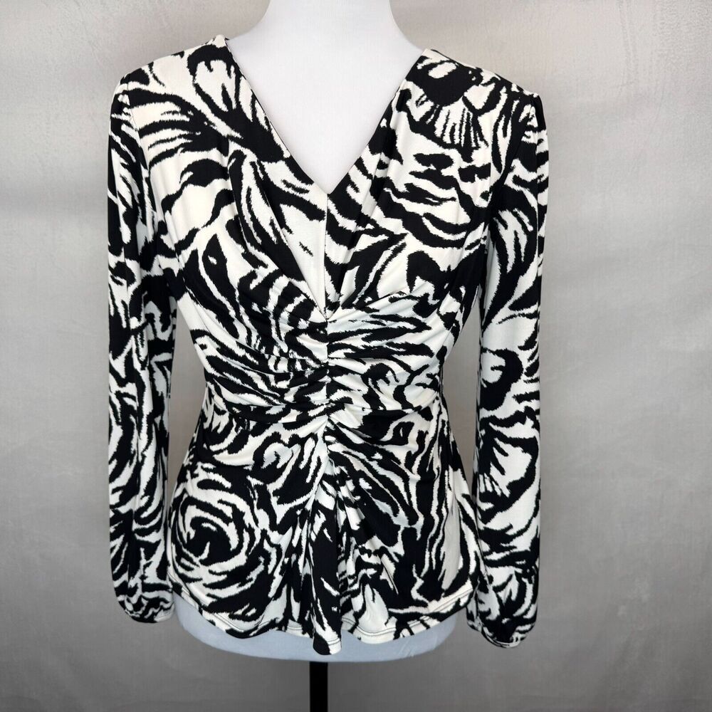 Alfani Women Sz P/P Black White Blouse V-Neck Ruched Front Long Sleeve
