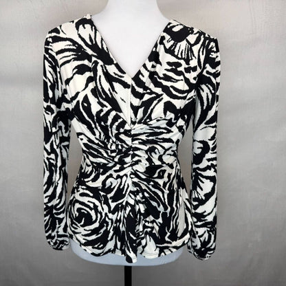 Alfani Women Sz P/P Black White Blouse V-Neck Ruched Front Long Sleeve