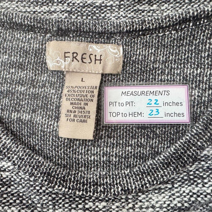 FRESH Women Knit Top Sz L Gray Sparkling Beads Boat Neckline Long Sleeve
