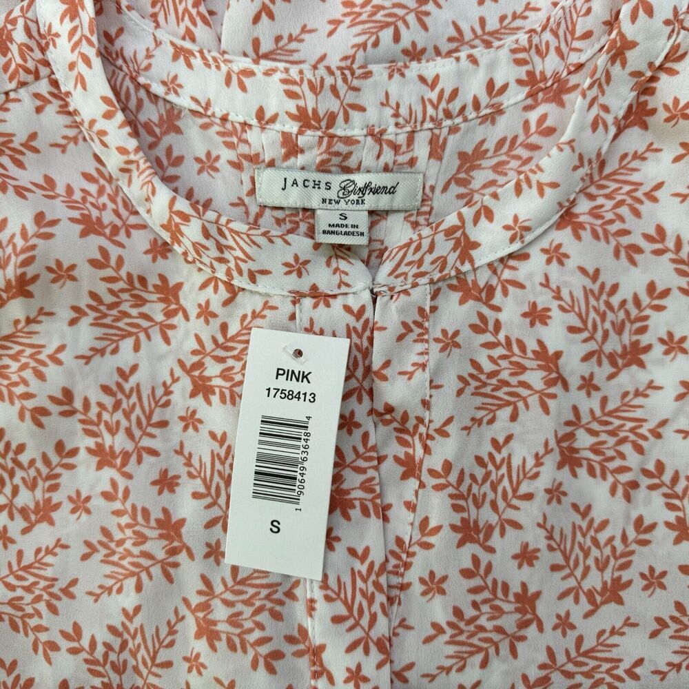 Jachs Girlfriend Blouse Sz S Notch V-Neck hidden button 3/4 sleeve coral print