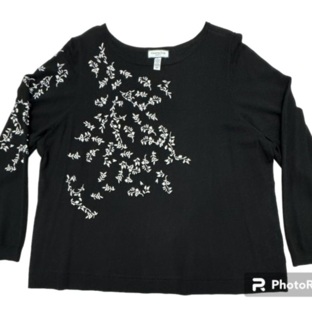 Charter Club Sz 3X Black Sweater White Embroidered Long Sleeves Boat Neck