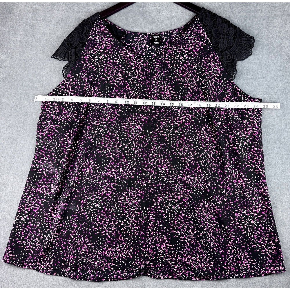 City Streets Top Sz 2X Black and Print Red Orange Lace Cap Sleeve V-Neck