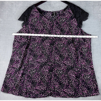 City Streets Top Sz 2X Black and Print Red Orange Lace Cap Sleeve V-Neck