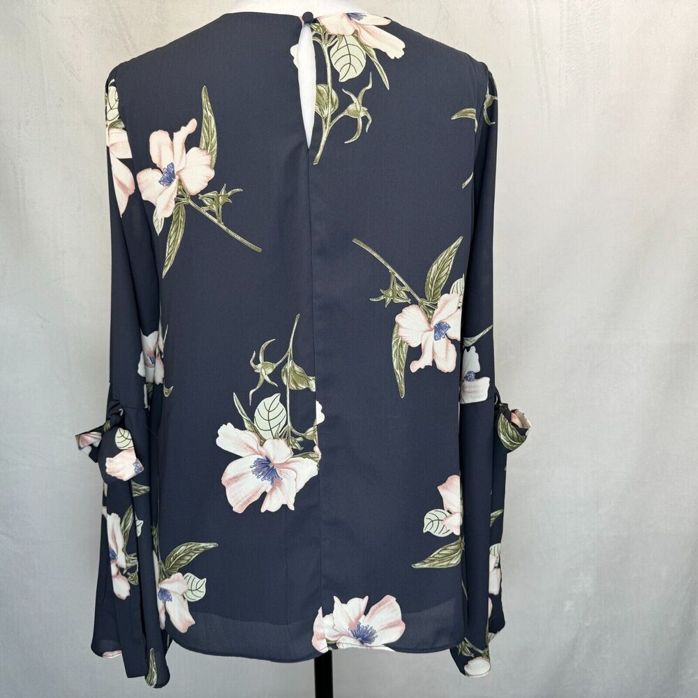 Sugar Lips Blouse Sz S  Charcoal Floral  Crew Neck Bell Long Sleeve Ties